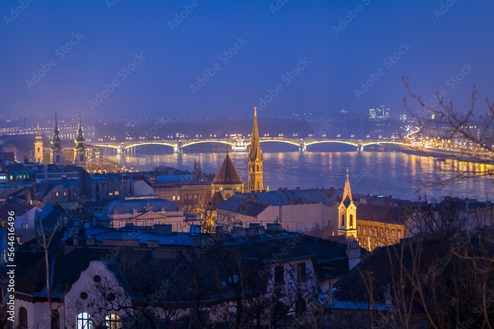 Evening nighttime view on the skyline of Budapest in Hungary. 