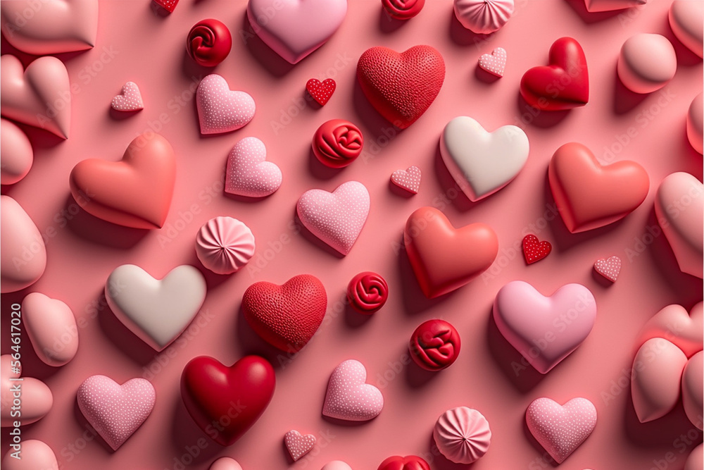 Valentine's day background with red and pink hearts like balloons on pink background, flat lay Valentine's day background with red and pink hearts like balloons on pink background, flat lay