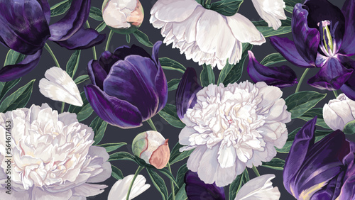 Botanical background in dark colors with realistic spring blooms of white Peony and dark purple Tulips. Vector flowers, leaves, buds and petals in the background, wallpaper, banner, postcard, print