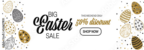 Easter holiday banner simple design. Black and gold colors. Spring sale announcement and flyer. Shopping.