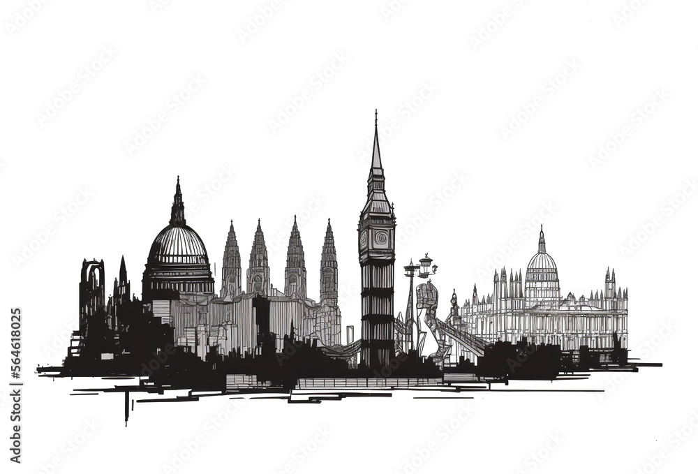Fototapeta premium View of London city in a hand drawn sketch style. Generative ai