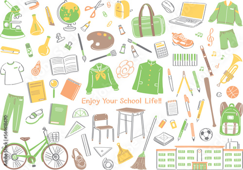 学校生活の文房具や道具のイラストセット（中学校・高校）