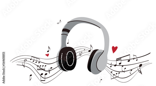Headphones, sheet music with notes vector illustration. Concept