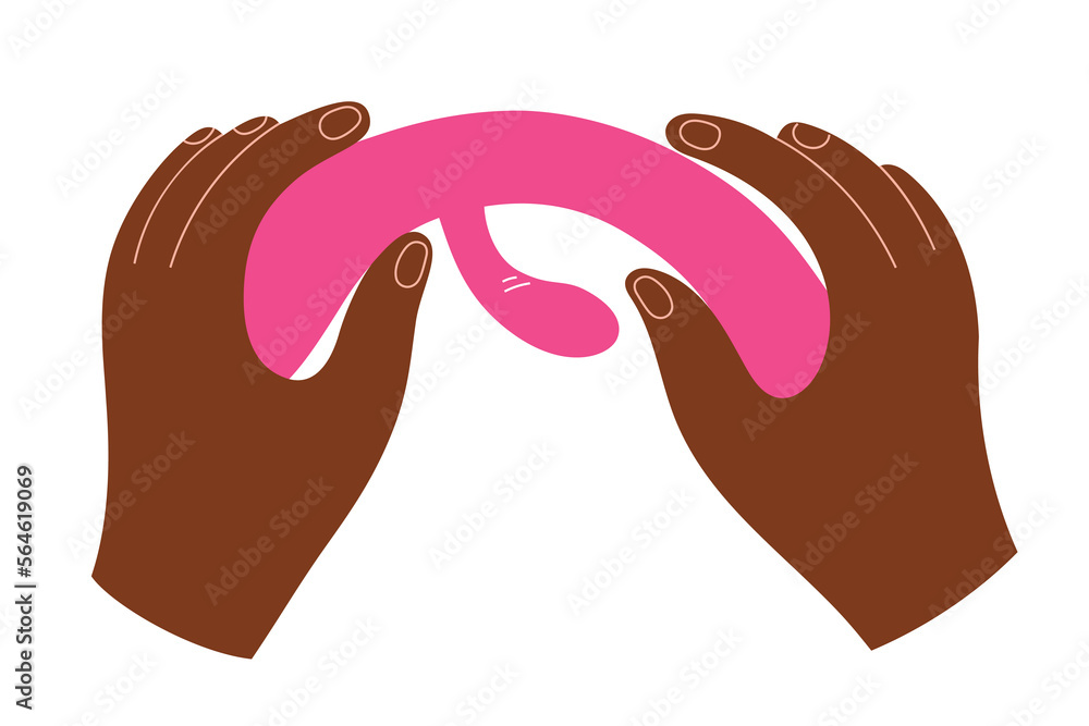 Obraz premium Silicone rabbit vibrator, woman holding a pink rubber sex toy, vaginal and clitoral massager, adult vibrating toy, isolated vector illustration on white background