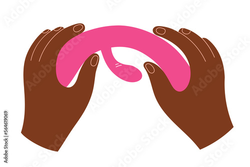 Silicone rabbit vibrator, woman holding a pink rubber sex toy, vaginal and clitoral massager, adult vibrating toy, isolated vector illustration on white background