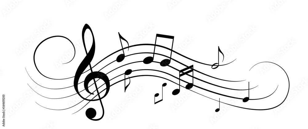Music notes with curves, swirls vector illustration. Melody element