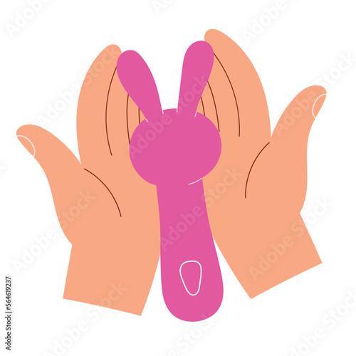 Woman holding a Silicone vibrator wand in hands, pink rubber sex toy, clitoral massager, adult toy, isolated vector illustration on white background photo