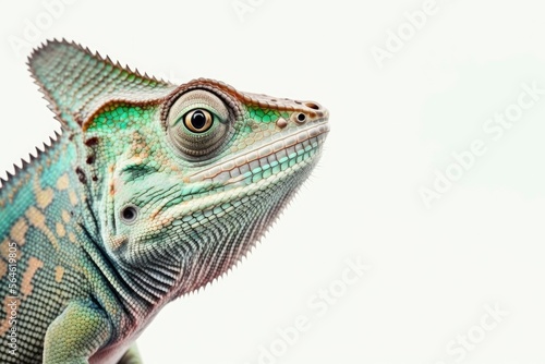 Chameleon isolated on white. Chamaeleo calyptratus. Headshot of a chameleon. Close up potrait green chameleon. generative ai © Neda Asyasi