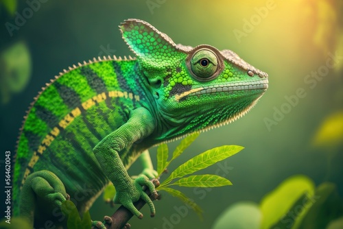Chameleon on a branch. Green chameleon. Beautiful of chameleon  chameleon closeup. generative ai