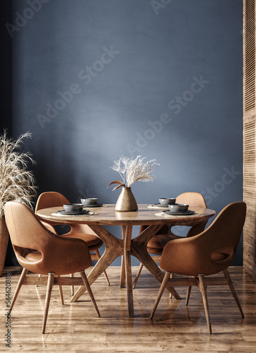 Home mockup, modern dark blue dining room interior with brown leather chairs, wooden table and decor, 3d render photo