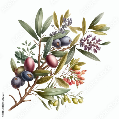 Watercolor illustration with olives and flowers sprig branch. Decorative elements template. Flat cartoon illustration isolated on white background