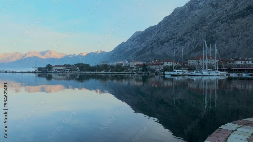 Aerial view Kotor bay, montenegro. Red mountain peak a sunrise Aerial view Kotor bay, montenegro. Red mountain peak a sunrise