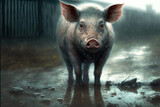 pigs got dirty in mud and walk around pig farm