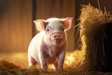 little pretty baby pig sits on hay at pig farm