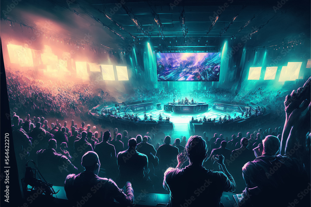 An esport event with a lot of people in a stadium with neon. Generative IA