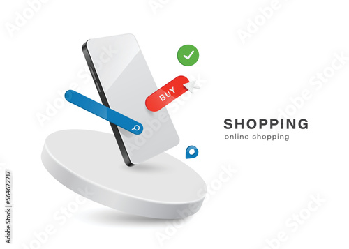 Red buy button,search bar,order confirmation icon and pin displayed front of smartphone and all floating on round white podium