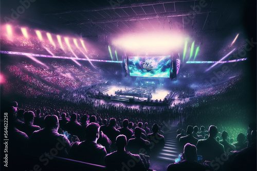 An esport event with a lot of people in a stadium with neon. Generative IA