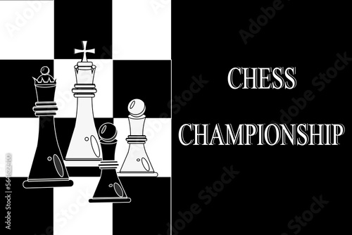 Big banner for the chess championship with chess pieces. Chess king, queen and pawns on a creative geometric background with copy space.