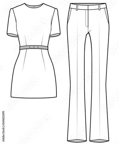 womens short sleeve belted waist tunic top and pant formal wear set flat sketch vector technical cad drawing template
