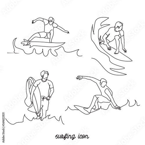 continuous line drawing of surfing man and surfboard icon set, surfer style