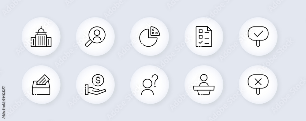City government neomorphic line icons set. Architecture, candidate, voting, investment form, debate, approval, disagreement. Infrastructure concept. Vector neomorphic line icons set City government neomorphic line icons set. Architecture, candidate, voting, investment form, debate, approval, disagreement. Infrastructure concept. Vector neomorphic line icons set