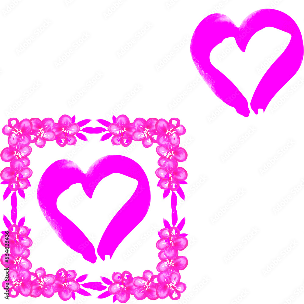 Pink floral frame and heart illustration on a white background. Love heart for valentines day background. Design clip art.