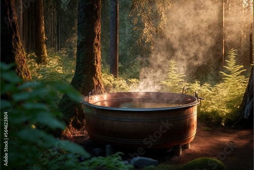 wood fired hot tub in the forest, ai generated
