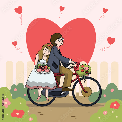 vector illustration of love couple on a bicycle on nature heart shape background, cartoon style