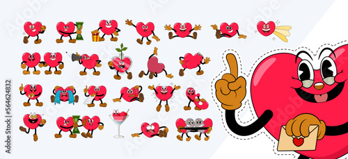 Big set of comic red hearts characters in retro cartoon style on valentine day holiday. Cute comic hearts with funny faces emoticons in cartoon style for any life situation.