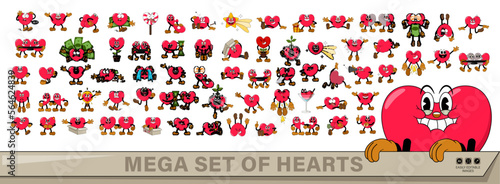 Mega set of comic red hearts characters in retro cartoon style on valentine day holiday. Cute comic hearts with funny faces emoticons in cartoon style for any life situation.