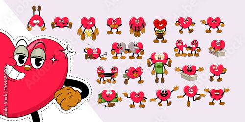 Big set of comic red hearts characters in retro cartoon style on valentine day holiday. Cute comic hearts with funny faces emoticons in cartoon style for any life situation.