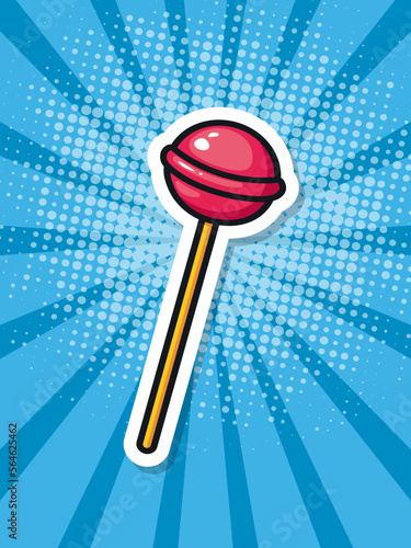 Cartoon lollipop on a blue background. Pop art poster. Vector illustration
