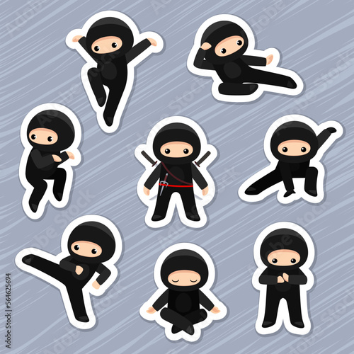 Cartoon ninja shinobi in various poses sticker pack. Vector illustration