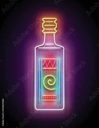 Glow bottle with Mexican tequila. Traditional ethnic alcoholic drink. Neon Light Poster, Flyer, Banner, Signboard. Glossy Background. Vector 3d Illustration 