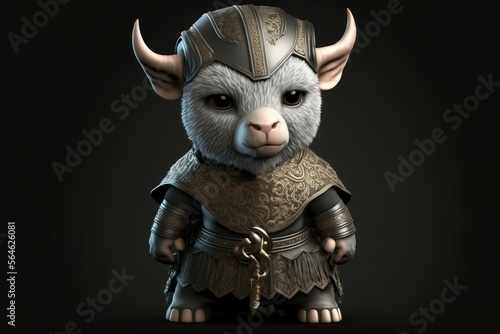 Cute goat in warrior mascot costume on black background. 12 Chinese zodiac signs horoscope concept. Generative AI photo