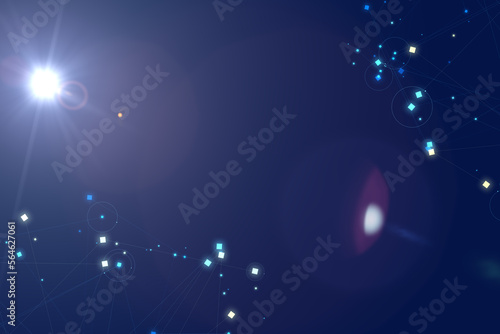 Blue lens flash flare light effect with dots connection on deep blue graduated space background. 3D illustration. 3D CG. 3D high quality rendering.