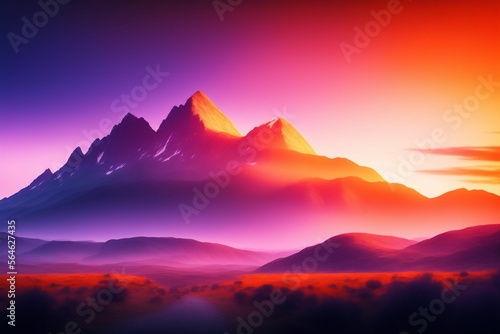 Cinematic  realistic 8k  image  dark aura  with a mountain in the background with a large gate. The purple and orange sky.