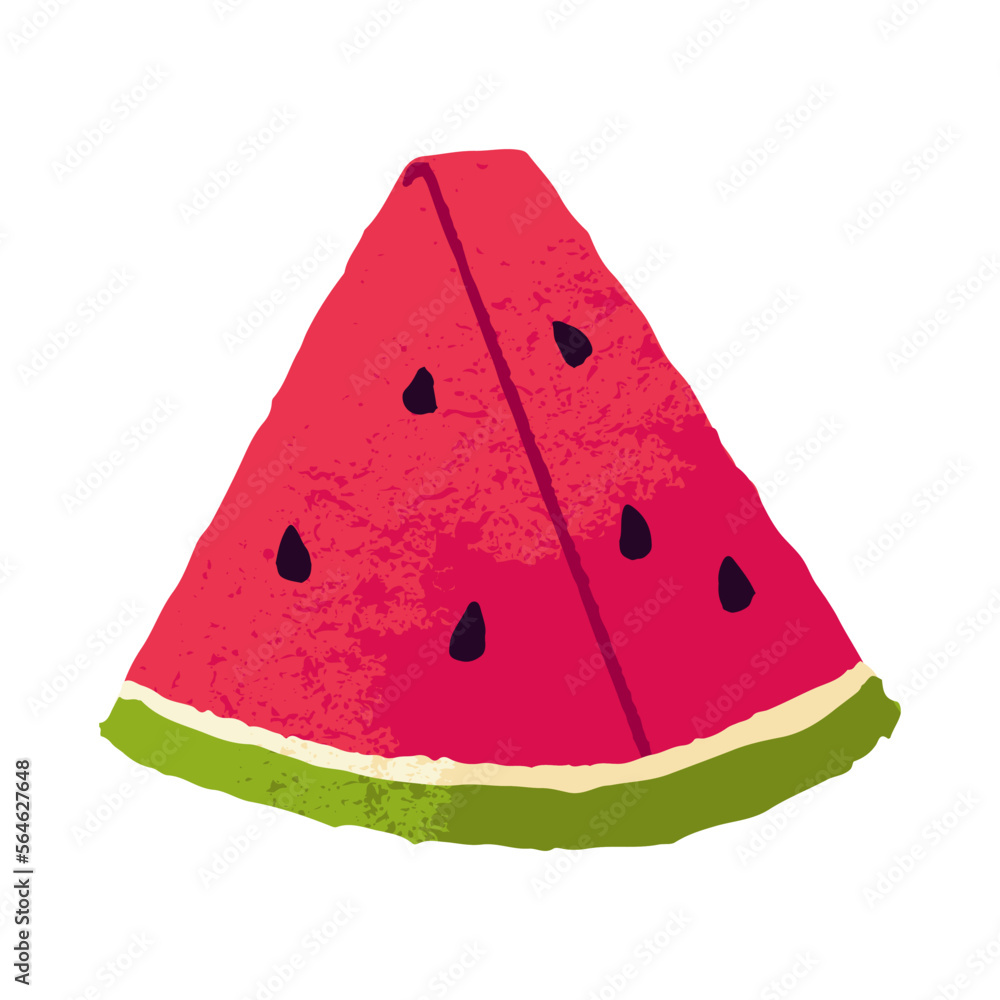 Exotic watermelon, fruit piece. Triangle cut slice of water melon with juicy flesh, pulp, skin and seeds. Fresh vitamin sweet tropical food. Flat vector illustration isolated on white background Exotic watermelon, fruit piece. Triangle cut slice of water melon with juicy flesh, pulp, skin and seeds. Fresh vitamin sweet tropical food. Flat vector illustration isolated on white background