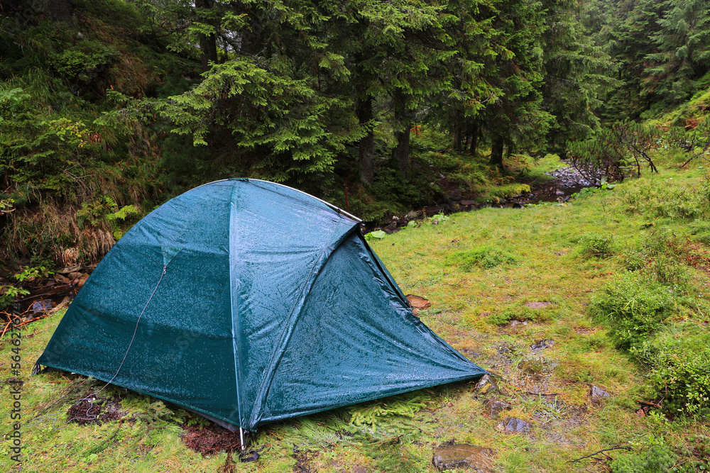 wet tourist tent on meadow