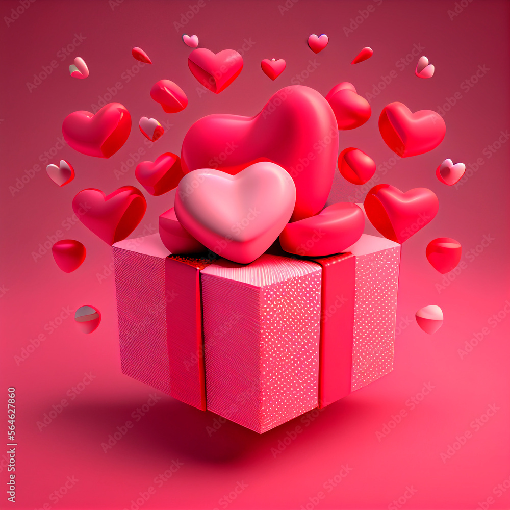 3D Gift with hearts, Valentine's day Illustration created by Generative AI technology