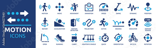Motion icon set. Containing movement, animation, speed, swing, dynamic, position, acceleration, running, rotation, bounce and motion sensor icons. Solid icon collection. photo