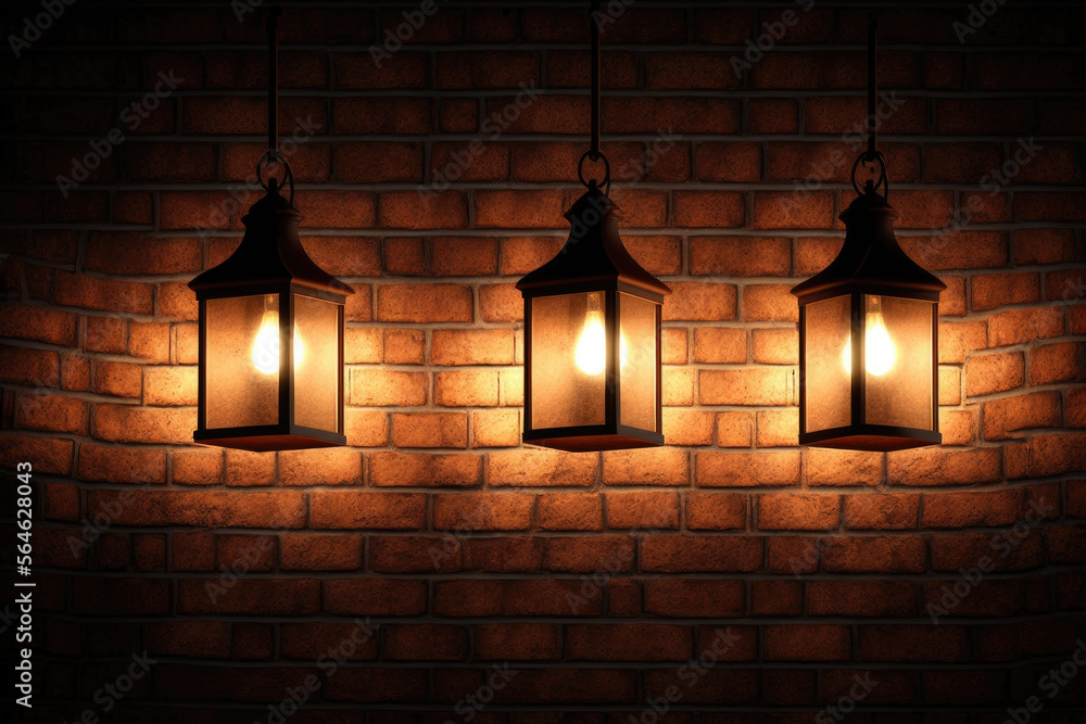 empty wall with bricks and lamps, indoor. copyspace. generative ai empty wall with bricks and lamps, indoor. copyspace. generative ai