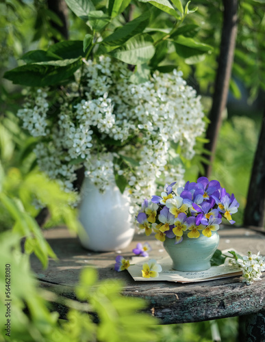 Still life with spring colorful flowers on an old chair in the garden. Spring still life