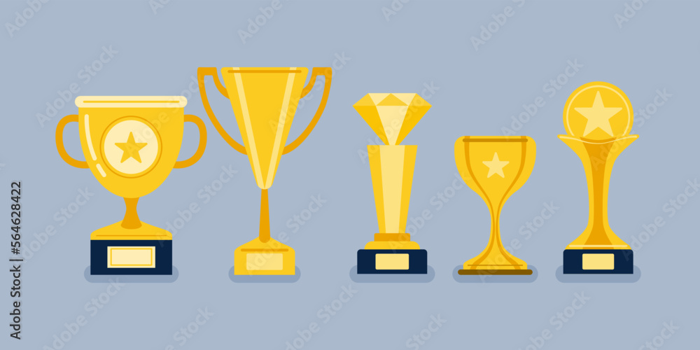 Beautiful golden trophy cups and awards of different shape realistic set isolated on background vector illustration Beautiful golden trophy cups and awards of different shape realistic set isolated on background vector illustration