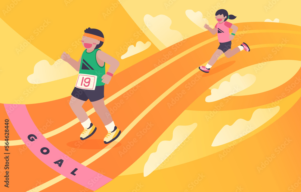 Running people flat vector illustration. Athletes, sportive men and women cartoon characters. Marathon, exercise and athletics. Sport training isolated design element