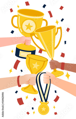 Win achievement. Happy awarding of many trophy prize to their all. Athlete of people teamwork