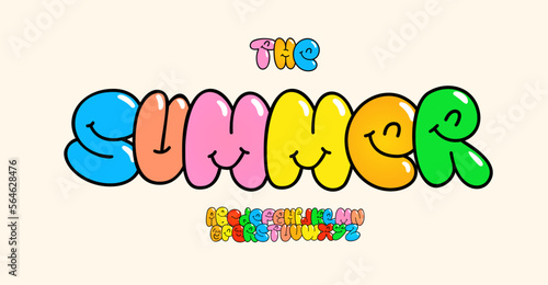 Smiling bubble letters, cute alphabet in cartoon graffiti style, funny font for childrens books, birthday greetings, kid game logos, shirt typography, cool playful design. Vector typographic design