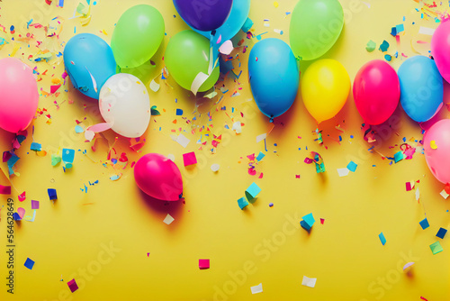 A 3D render of a group of balloons in different colors and shapes photo