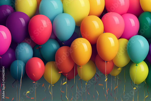 Render of a scene with a lot of balloons in different shapes and sizes, adding touch of fun photo