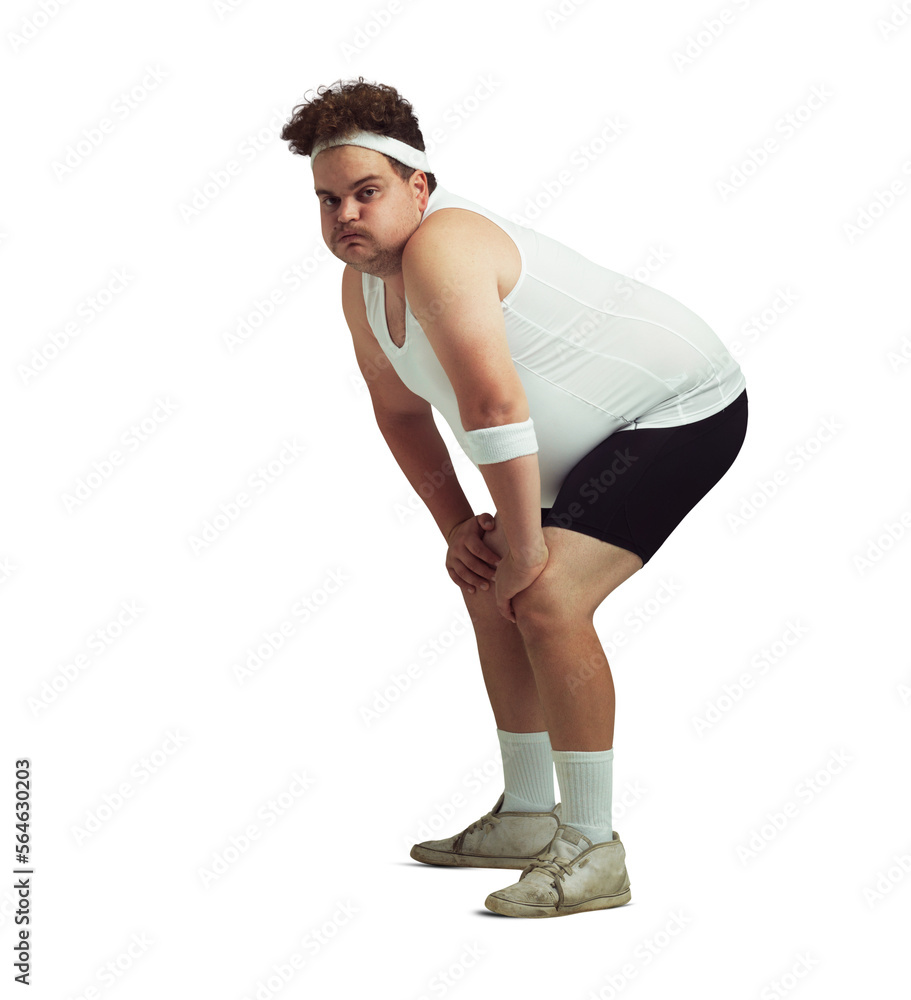 An overweight man crouching after a workout isolated on a PNG background. An overweight man crouching after a workout isolated on a PNG background.